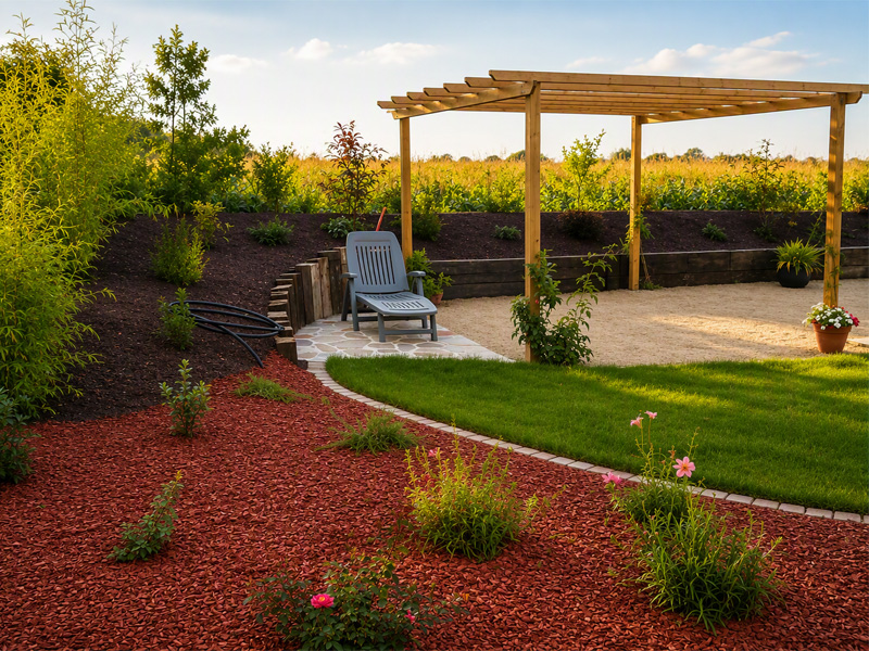 Aménagement de jardin contemporain avec pergola, paillage décoratif rouge et plantations paysagères par Proseco Paysages