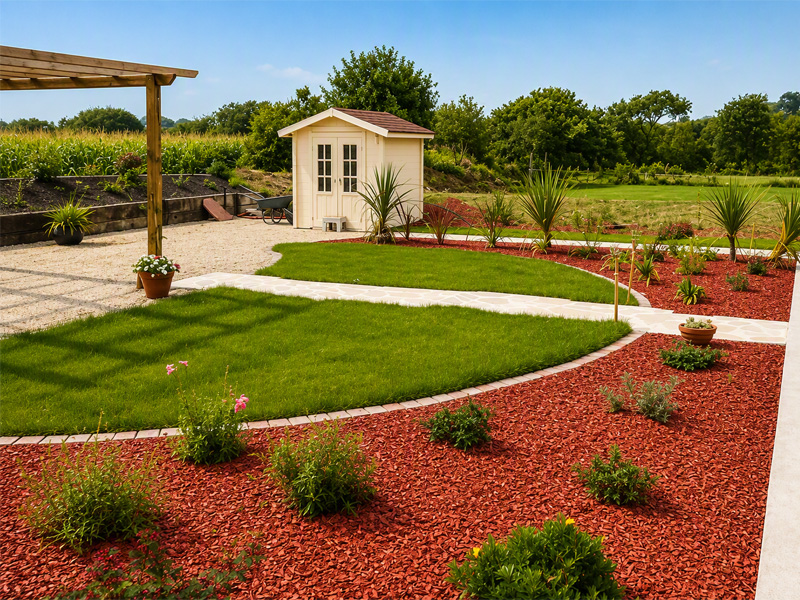 Jardin paysager privé avec pelouse, massifs fleuris, allées aménagées et abri de jardin réalisé par Proseco Paysages